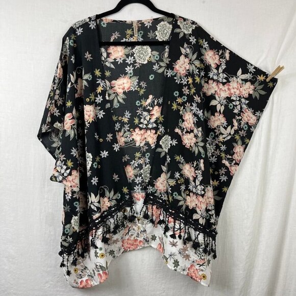 mittoshop Tops - Floral Tasseled Kimono Womens M Swim Coverup Boho Beach Gypsy Layering Oversized